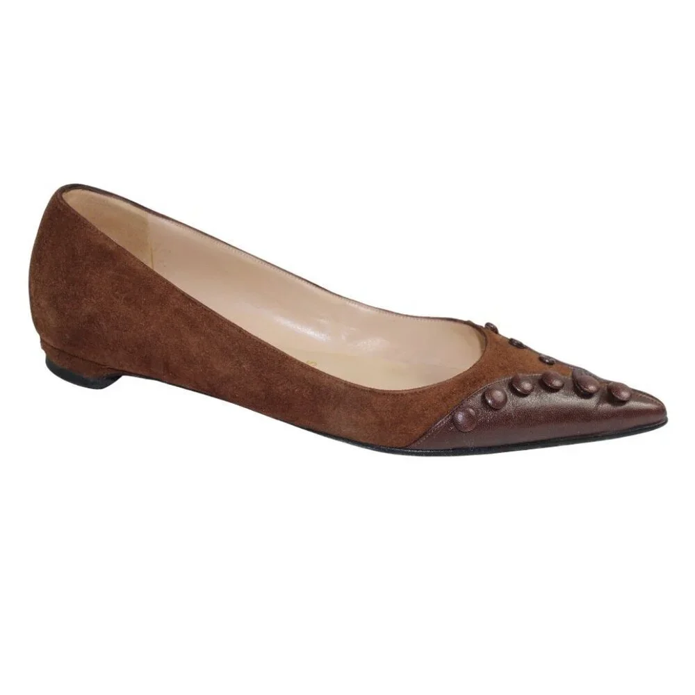 Christian Louboutin Brown Suede Leather Overlay Pointed-Toe Flats Button Detail